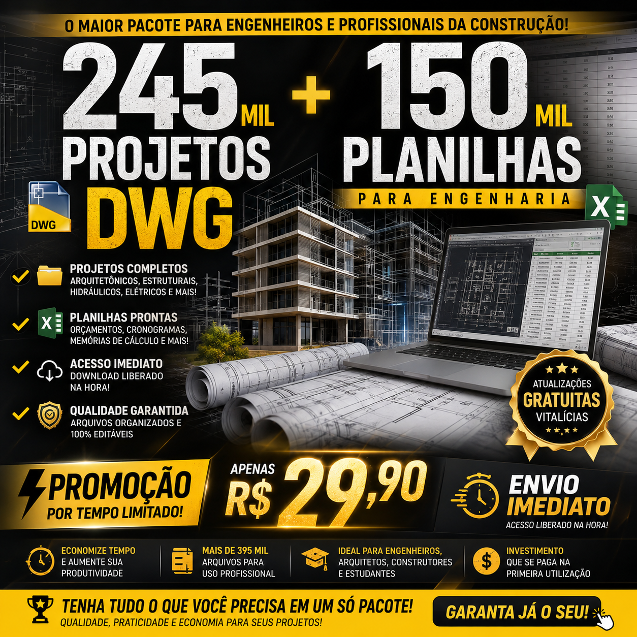 245 mil projetos dwg + 150 mil planilhas para engenharia
